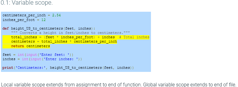 The function's variables total_inches and centimeters are invisible to the code outside of the function and cannot be used